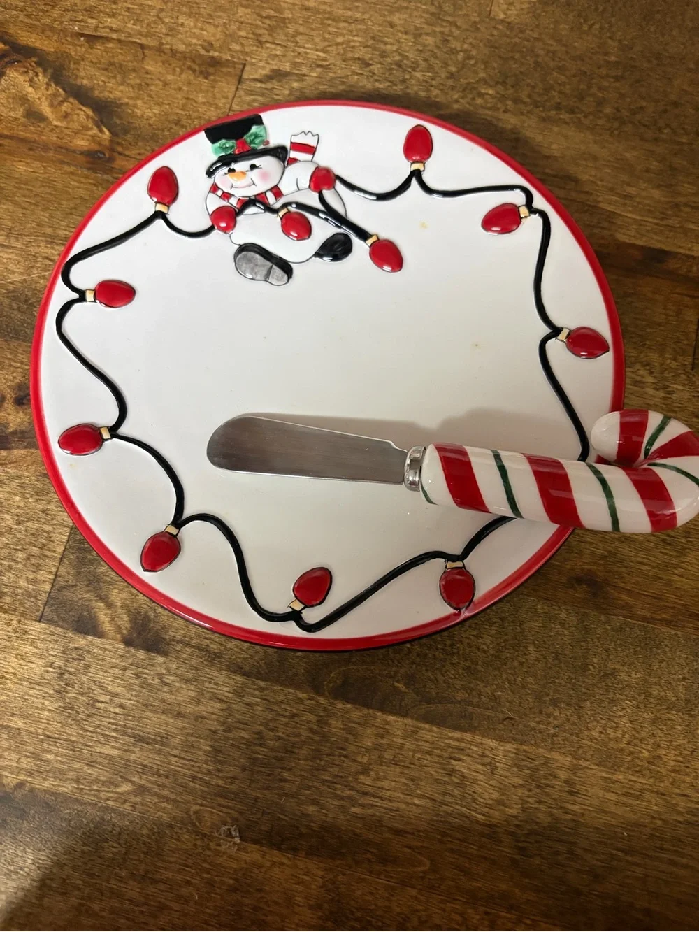Fitz and Floyd Red and White Snowman Cheers Cheese Plate with Spreader